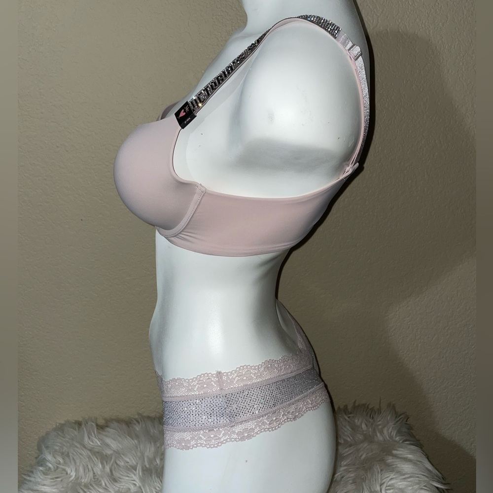 Victoria Secret Shine Strap Bra VS Taupe Shine Strap Rhinestone Panty Set 🆕 🪩 - Picture 8 of 13